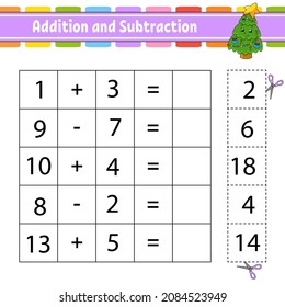 Addition and subtraction. Task for kids. Cut and paste. Education developing worksheet. Activity page. Game for children. Funny character. Isolated vector illustration. cartoon style.
