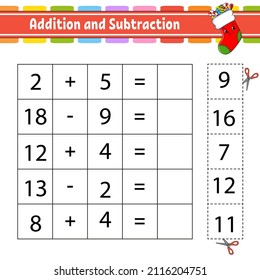 Addition and subtraction. Task for kids. Cut and paste. Education developing worksheet. Activity page. Game for children. Funny character. Isolated vector illustration. cartoon style.
