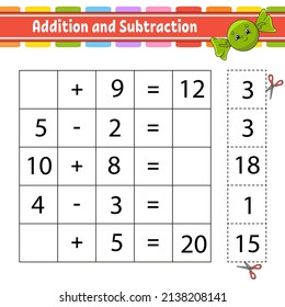 Addition and subtraction. Task for kids. Cut and paste. Education developing worksheet. Activity page. Game for children. Funny character. Isolated vector illustration. cartoon style.