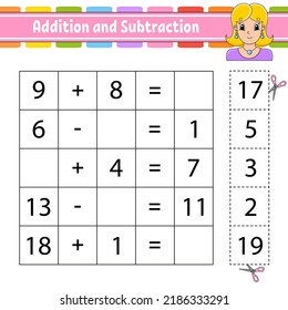 Addition and subtraction. Task for kids. Cut and paste. Education developing worksheet. Activity page. Game for children. Funny character. Isolated vector illustration. cartoon style.