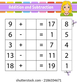 Addition and subtraction. Task for kids. Cut and paste. Education developing worksheet. Activity page. Game for children. Funny character. Isolated vector illustration. cartoon style.