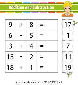 Addition and subtraction. Task for kids. Cut and paste. Education developing worksheet. Activity page. Game for children. Funny character. Isolated vector illustration. cartoon style.
