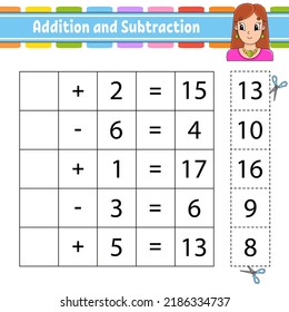 Addition and subtraction. Task for kids. Cut and paste. Education developing worksheet. Activity page. Game for children. Funny character. Isolated vector illustration. cartoon style.