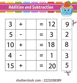 Addition and subtraction. Task for kids. Cut and paste. Education developing worksheet. Activity page. Game for children. Funny character. Isolated vector illustration. cartoon style.