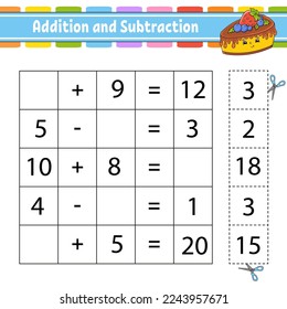 Addition and subtraction. Task for kids. Cut and paste. Education developing worksheet. Activity page. Game for children. Funny character. Isolated vector illustration. cartoon style.