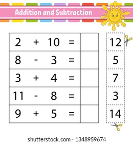 Addition and subtraction. Task for kids. Education developing worksheet. Activity page. Game for children. Funny character. Isolated vector illustration. Cartoon style