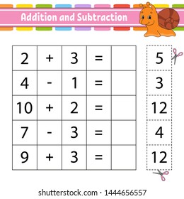Addition and subtraction. Task for kids. Education developing worksheet. Activity page. Game for children. Funny character. Isolated vector illustration. Cartoon style.