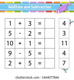 Addition and subtraction. Task for kids. Education developing worksheet. Activity page. Game for children. Funny character. Isolated vector illustration. Cartoon style.