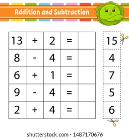 Addition and subtraction. Task for kids. Education developing worksheet. Activity page. Game for children. Funny character. Isolated vector illustration. Cartoon style.