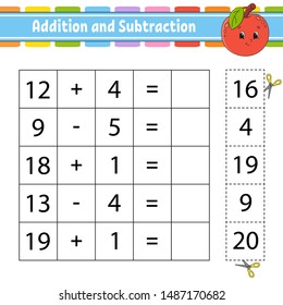 Addition and subtraction. Task for kids. Education developing worksheet. Activity page. Game for children. Funny character. Isolated vector illustration. Cartoon style.