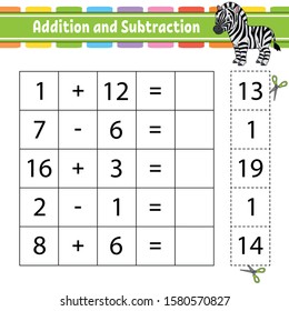 Addition and subtraction. Task for kids. Education developing worksheet. Activity page. Game for children. Funny character. Isolated vector illustration. Cartoon style.