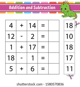 Addition and subtraction. Task for kids. Education developing worksheet. Activity page. Game for children. Funny character. Isolated vector illustration. Cartoon style.