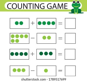 Addition and subtraction. Task for kids. Education developing worksheet. Activity color page. Game for children. Funny character. Isolated vector illustration. Cartoon style. Educational game. Vector