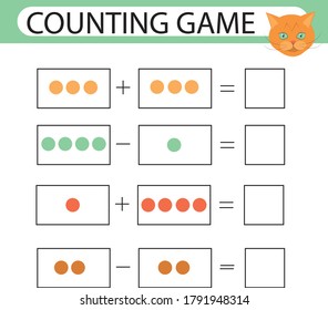 Addition and subtraction. Task for kids. Education developing worksheet. Activity color page. Game for children. Funny character. Isolated vector illustration. Cartoon style. Educational game. Vector