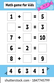 Addition and subtraction. Task for kids. Education developing worksheet. Activity color page. Game for children. Funny character. Isolated vector illustration. Cartoon style.
