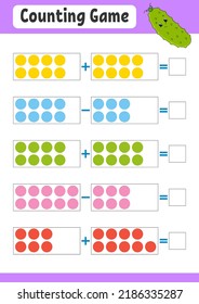 Addition und Subtraktion. Aufgabe für Kinder. Arbeitsblatt für die Erziehung. Aktivitätsfarbseite. Spiel für Kinder. Hübscher Charakter. Einzige Vektorgrafik. Cartoon-Stil.