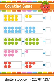 Addition und Subtraktion. Aufgabe für Kinder. Arbeitsblatt für die Erziehung. Aktivitätsfarbseite. Spiel für Kinder. Hübscher Charakter. Einzige Vektorgrafik. Cartoon-Stil.