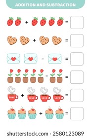 Addition and subtraction. Valentines day objects. Solve the problem. Educational preschool game for kids. Cartoon, isolated vector illustration eps 10