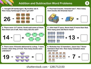 Addition and Subtraction word problems - Worksheet for education.