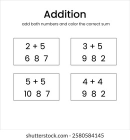 Addition and subtraction. Worksheet for kids. Mathematical exercises. Vector illustration