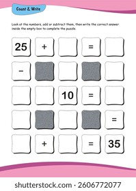 Addition and subtraction worksheet, Number puzzle, Fill in the missing number, Arithmetic puzzle, Math problem-solving, Educational puzzle, Kids math puzzle worksheet,  