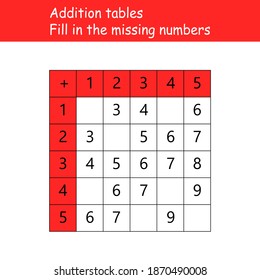 Addition tables. Fill in the missing numbers. Logic game. Poster for kids education. Maths child poster. School vector illustration with colorful cubes on light background.