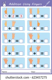 addition using fingers, add and writing, math worksheet