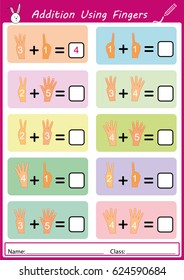 addition using fingers, add and writing, math worksheet