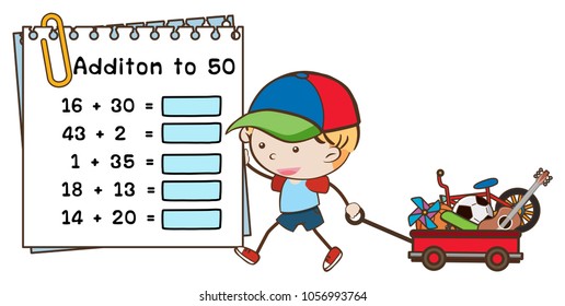 Addition worksheet with boy and wagon illustration