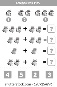 Addition worksheet with cute cartoon raccoon. Math game.