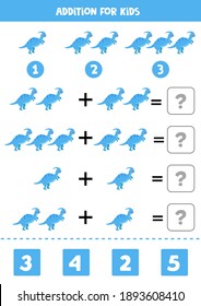 Addition worksheet with dinosaur Parasaurolophus. Math game.