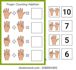 Addition worksheet for kids with finger counting. Early math activity page 1 to 10 for school and preschool. Learn to count cut and paste game. Vector illustration