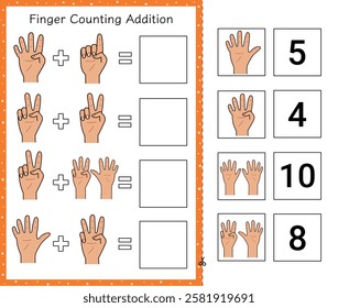 Addition worksheet for kids with finger counting. Early math activity page 1 to 10 for school and preschool. Learn to count cut and paste game. Vector illustration