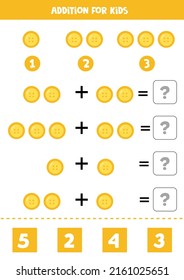 Addition with yellow button. Educational math game for kids. 