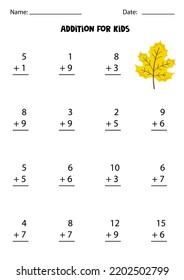 Addition with yellow maple leaf. Educational math game for kids. 