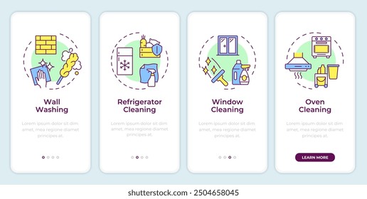 Servicio de limpieza adicional incorporando la pantalla del App móvil. Instrucciones gráficas editables de 4 pasos con conceptos lineales. PLANTILLA UI, UX, GUI