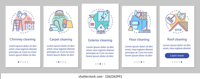 Additional cleaning services onboarding mobile app page screen, linear concepts. Roof, carpet, exterior cleanup. Five walkthrough steps graphic instructions. UX, UI, GUI vector template, illustrations