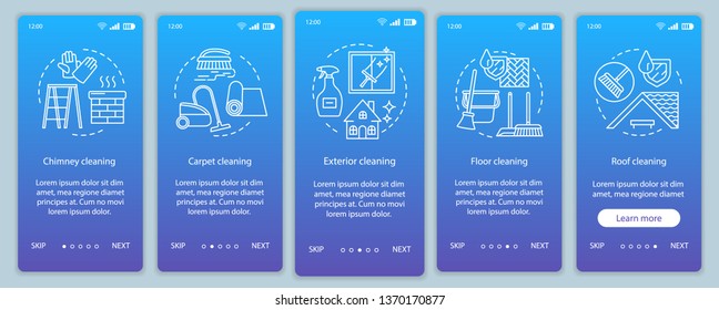 Additional cleaning services onboarding mobile app page screen vector template. Roof, carpet, exterior cleanup. Walkthrough website steps, linear illustration. UX, UI, GUI smartphone interface concept