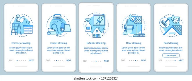 Otros servicios de limpieza incorporando la pantalla de la aplicación móvil, conceptos lineales. Cinco, instrucciones gráficas de pasos de tutorial. Chimenea, limpieza exterior. UX, UI, plantilla vectorial GUI con ilustraciones