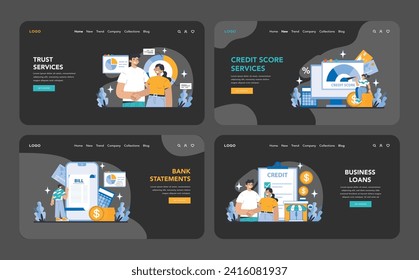 Additional and convenient banking services night or dark mode web or landing page set. Customized trust, credit score, bank statement, and business loan services. Flat vector illustration.