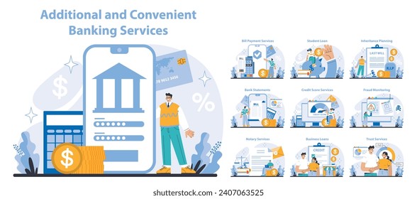 Additional and convenient banking services set. Seamless digital transactions and personalized finance solutions. Online banking, loan management, and estate planning tools. Flat vector illustration.