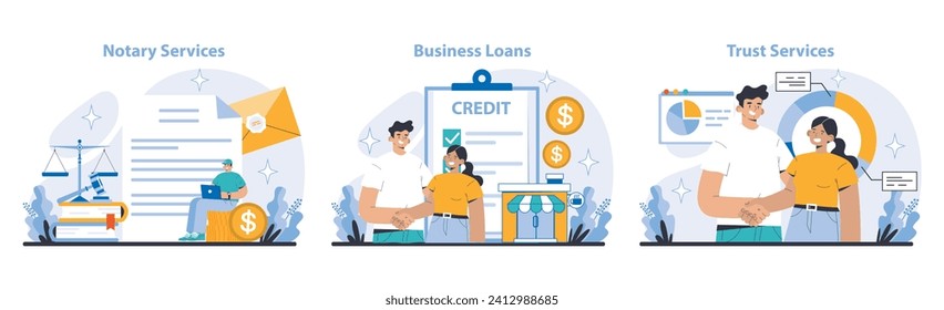 Conjunto de servicios bancarios adicionales y convenientes. Autenticar documentos con servicios notariales, financiar empresas a través de préstamos comerciales y administrar activos con servicios fiduciarios. Ilustración vectorial.