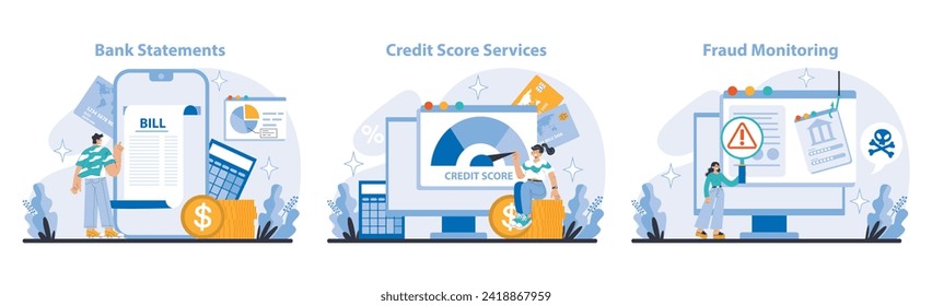 Additional and convenient banking services set. Detailed financial statements, credit score analysis, and vigilant fraud protection. Enhancing financial literacy and safety. Flat vector illustration.