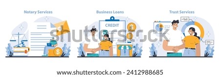 Additional and convenient banking services set. Authenticating documents with notary services, funding enterprises via business loans, and managing assets with trust services. Vector illustration.