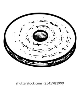 Additional dumbbell disk hand drawn sketch. Fitness exercise. Pump up arm muscles. Gym equipment. Physical exercise. Healthy lifestyle. Metal object. Vector engraving line art illustration.