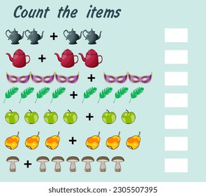 Additional education. Count items template worksheet. We teach mathematics, addition problems for preschoolers. Worksheet for preschool children – vector