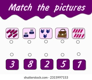 Additional education. Math activity sheet with pictures of school subjects. Counting educational kids game, kids math activity sheet. Compare pictures