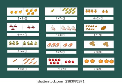Additional education. Worksheet activity template. Addition up to 10. Worksheet for preschool children. Vector
