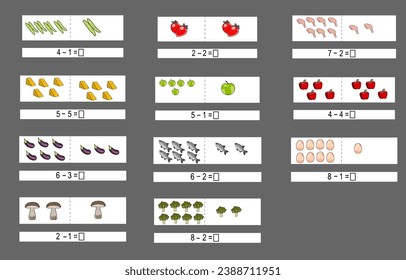 Educación adicional. Plantilla de hoja de cálculo. Sustracción a 10 hojas de trabajo para preescolares. Vector