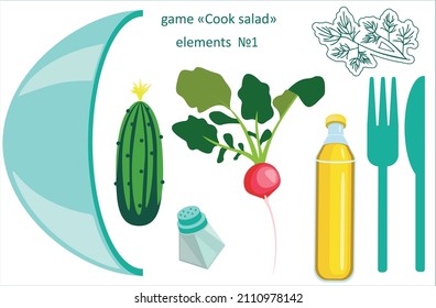 Additional elements for the game. Cucumber radish salt oil dill salad bowl knife fork. vector elements for printing and cutting.